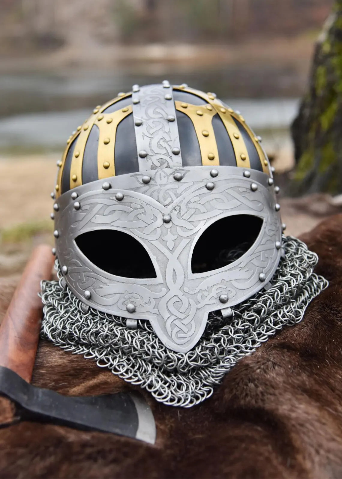 Battle-Merchant Viking Spectacle Helmet, Spangenhelm with Chainmail Aventail and adjustable leather liner inlet