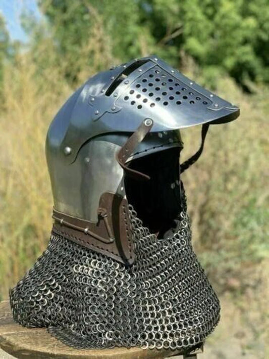 Medieval Knight Helmet - Chainmail Helmet Battle-Ready Helmet Bascinet Helmet for SCA HMB Combat French Knight Cosplay Costume