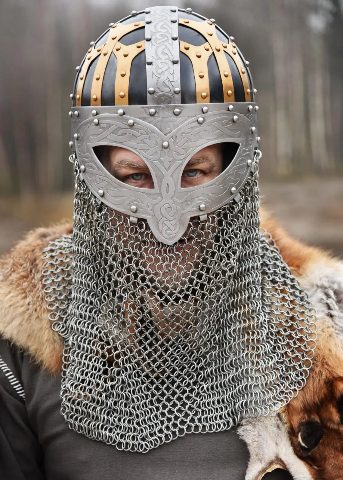 Battle-Merchant Viking Spectacle Helmet, Spangenhelm with Chainmail Aventail and adjustable leather liner inlet