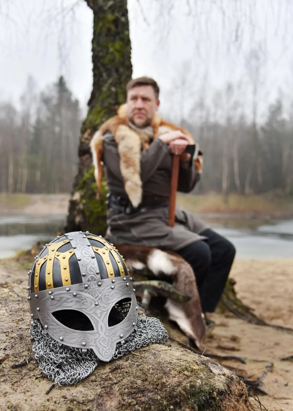 Battle-Merchant Viking Spectacle Helmet, Spangenhelm with Chainmail Aventail and adjustable leather liner inlet