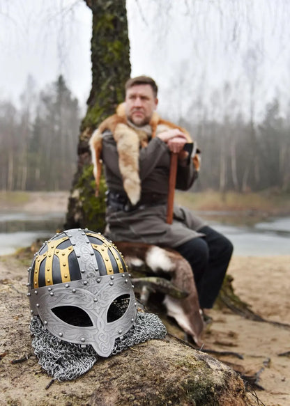Battle-Merchant Viking Spectacle Helmet, Spangenhelm with Chainmail Aventail and adjustable leather liner inlet