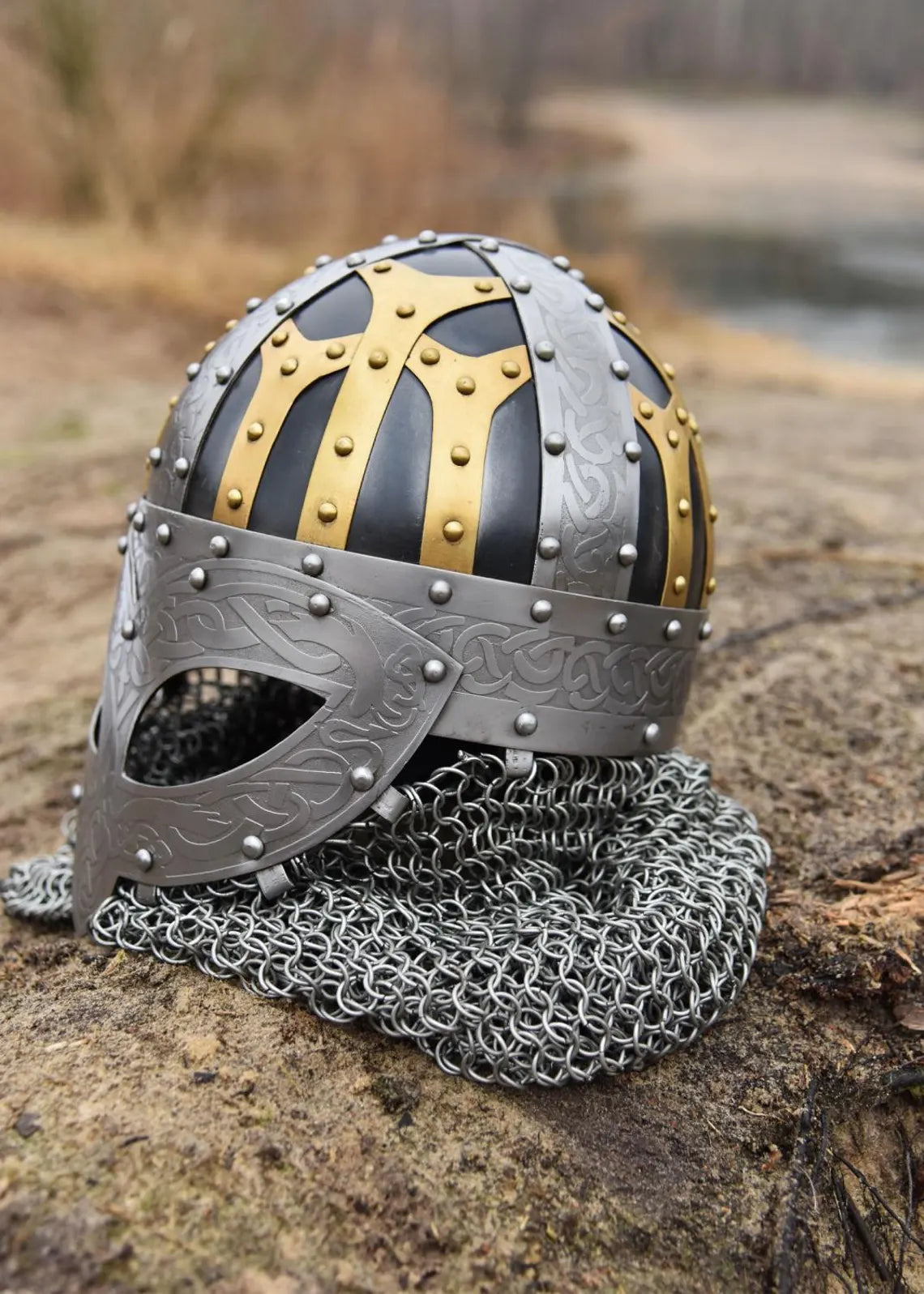 Battle-Merchant Viking Spectacle Helmet, Spangenhelm with Chainmail Aventail and adjustable leather liner inlet
