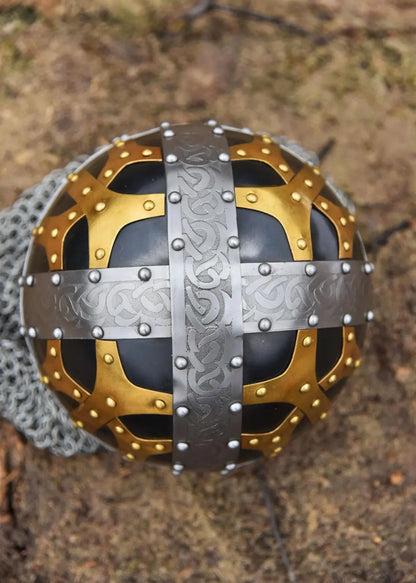 Battle-Merchant Viking Spectacle Helmet, Spangenhelm with Chainmail Aventail and adjustable leather liner inlet