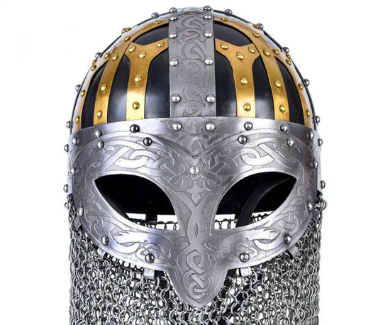 Battle-Merchant Viking Spectacle Helmet, Spangenhelm with Chainmail Aventail and adjustable leather liner inlet