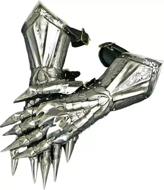 Medieval Knight Gauntlet Gloves Pair Brass Accents Crusader Armor Steel Gloves.